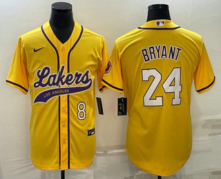 Mens Los Angeles Lakers #8 #24 Kobe Bryant Yellow With Patch Cool Base Stitched Baseball Jersey->los angeles lakers->NBA Jersey